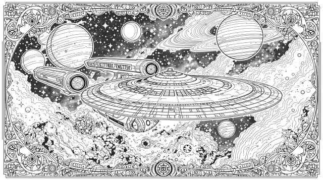 スタートレック宇宙船の塗り絵 - 精密な線画と華麗な装飾枠付き大人向けコロリアージュ