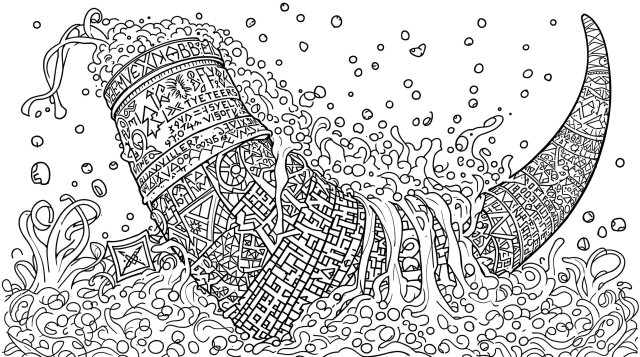 精巧な北欧文様が美しいヴァイキングの角杯ぬりえ - あふれるビールの泡を描いた大人の塗り絵