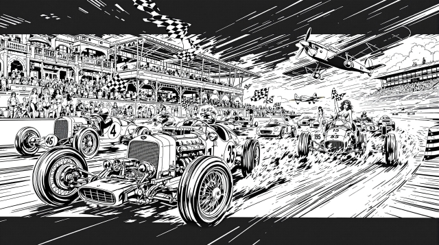 A spectacular vintage racing coloring page showcases classic cars and aircraft in an action-packed scene with intricate details.