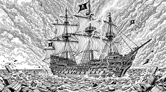 A dramatic pirate ship coloring page featuring an explosive scene with turbulent ocean waves and multiple Jolly Roger flags.