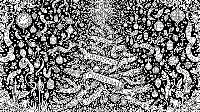 An intricate baroque Christmas ornamental pattern coloring page featuring elaborate decorative scrollwork and holiday messages.
