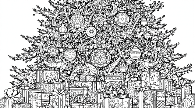 An intricate Christmas tree coloring page featuring elaborate ornaments and beautifully wrapped presents at its base.