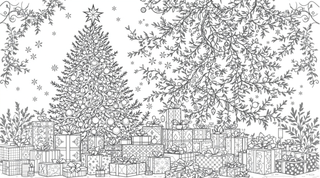 An intricate Christmas tree coloring page features elaborate ornaments and beautifully wrapped gifts beneath twin decorative trees.