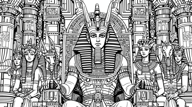 En indviklet farveside for voksne, der viser den egyptiske gud Osiris på sin trone omgivet af guddommelige figurer i en symmetrisk komposition.