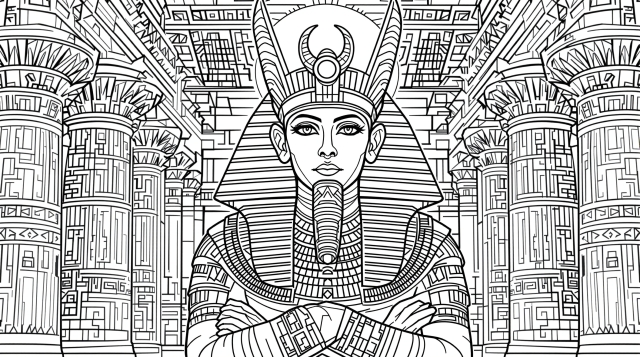 En intrikat Osiris egyptisk gud färgläggningssida med detaljerad arkitektonisk tempelmiljö och traditionella kungliga regalia.