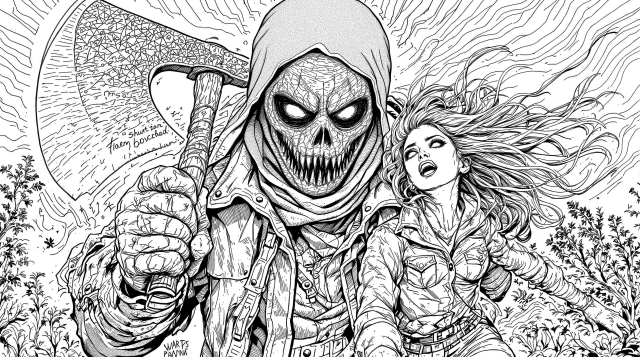 En skræmmende Dødens Høstmand med skeletskalle svingende en økse jagter en bange kvinde på denne indviklede gyser-farvesiden.