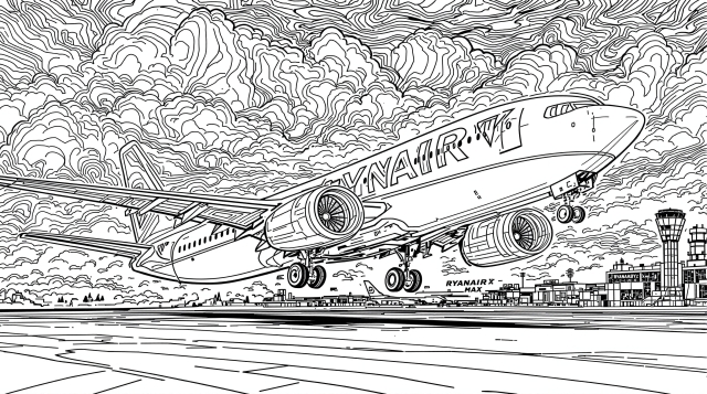 A detailed Ryanair Boeing 737 MAX 8 coloring page capturing the aircraft during takeoff with intricate line art details.