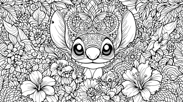 An intricate Stitch coloring page featuring elaborate tropical flowers and mandala patterns surrounding the beloved Disney character.