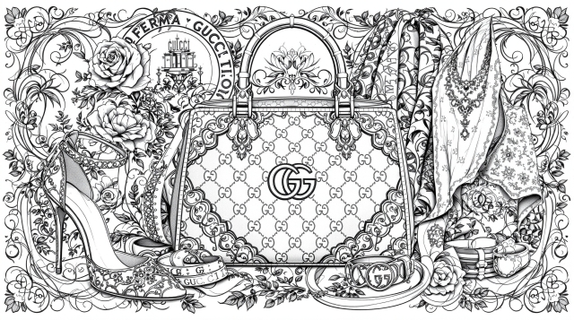 En elegant lyxmode-färgläggningssida med en utsmyckad Gucci-inspirerad handväska omgiven av barocka dekorativa element.