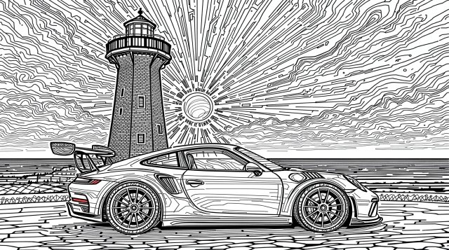 A sophisticated Porsche 911 with rear spoiler parked in front of the iconic Kołobrzeg lighthouse during a dramatic sunset scene.