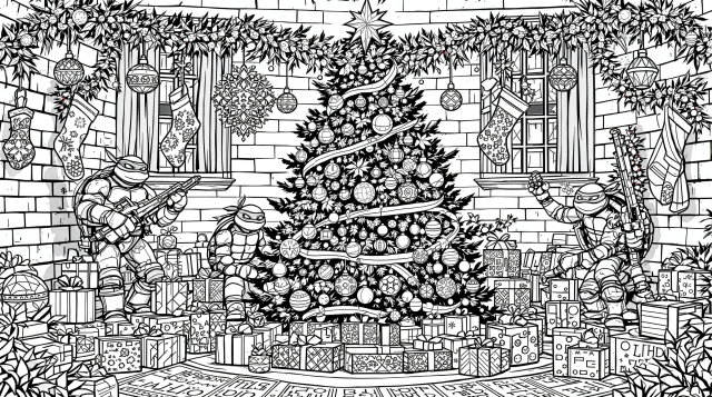 A detailed Christmas-themed Ninja Turtles coloring page featuring festive holiday decorations and intricate line art.