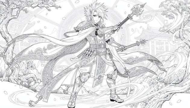 装飾的な槍と詳細な建築背景を持つ伝統的な東アジアの戦士をフィーチャーした複雑な男性アニメキャラクターの塗り絵ページ。