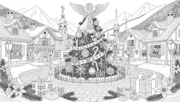 Una página para colorear de árbol de Navidad intrincada con un magnífico abeto en el centro de un encantador pueblo alpino con arquitectura detallada.