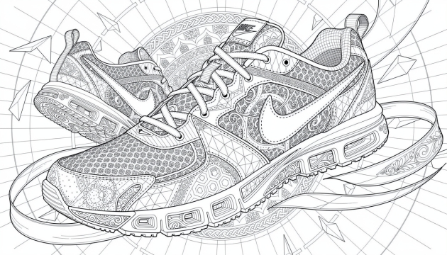 An intricate Nike athletic sneaker coloring page featuring elaborate mandala patterns, geometric designs, and detailed textures perfect for adult coloring enthusiasts.