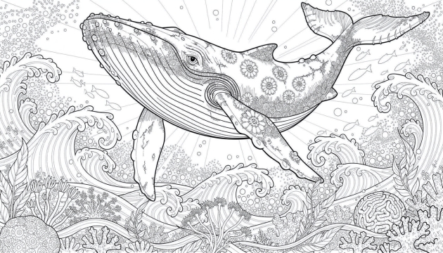 En realistisk pukkelhval farvelægningsside med indviklede anatomiske detaljer, der svømmer diagonalt gennem udsmykkede jugendstil havbølger.