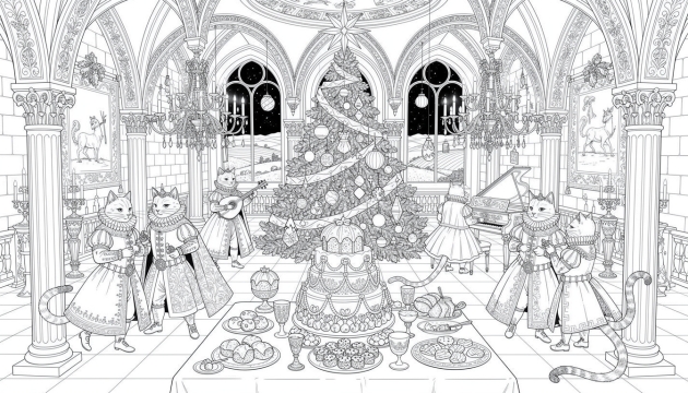 An elaborate Italian Renaissance castle ballroom hosts an elegant Christmas celebration with sophisticated cats in period attire.
