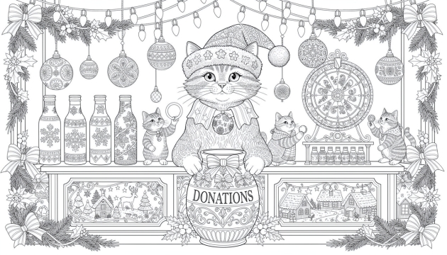 Uma página de colorir de gato natalino arrecadador de fundos com um felino festivo usando gorro de Papai Noel atrás de uma barraca decorada.