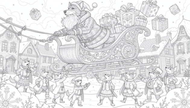 En lunefuld hund klædt ud som julemanden slipper gaver fra en udsmykket slæde til en landsby med hundebeboere nedenfor.