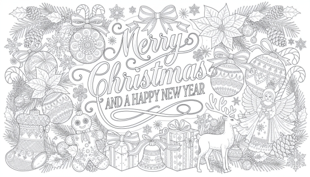 An intricate Christmas coloring page featuring Merry Christmas and a Happy New Year lettering surrounded by detailed holiday symbols and ornaments.
