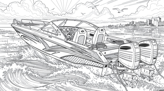 A high-performance speedboat with triple outboard motors races across choppy ocean waves toward a city skyline.