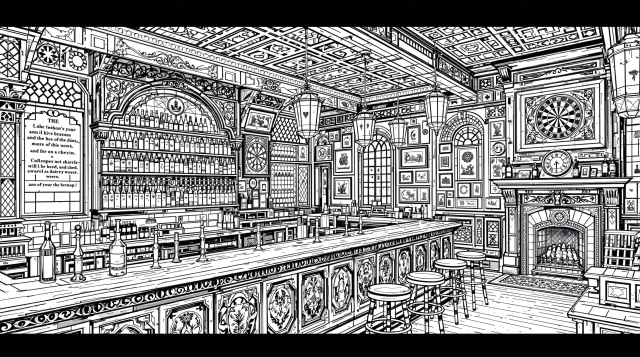 ヴィクトリア様式の伝統的な英国パブの室内を描いた緻密な大人の塗り絵 - 白黒線画