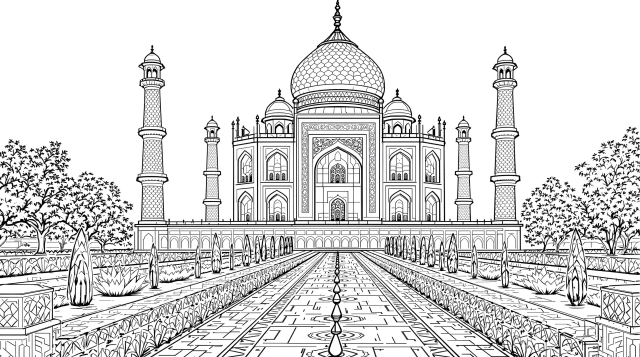 タージマハルの塗り絵 - イスラム建築の幾何学模様と繊細な装飾が楽しめる大人向けぬりえ