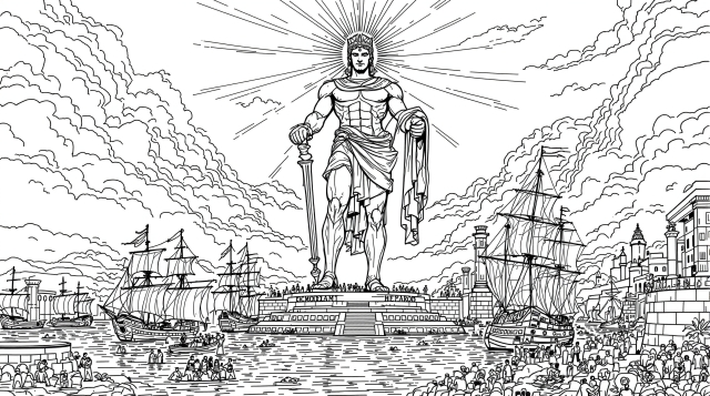 古代ロドス島の巨像の塗り絵 - 壮大な青銅像と賑わう港の風景、帆船や群衆を細密に描いた大人向けぬりえ