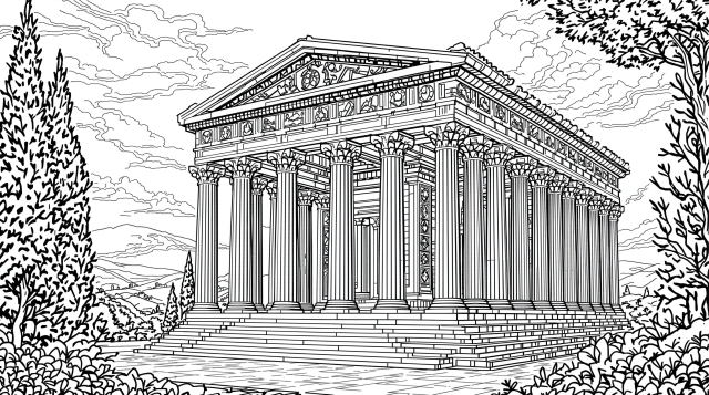 En detaljeret farveside af Artemis-templet i Efesos med indviklede ioniske søjler og klassisk græsk arkitektur.