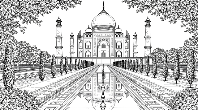 タージマハルの塗り絵 - チャハルバーグ庭園と水面に映る幻想的な景観を描いた大人向け精密デザイン