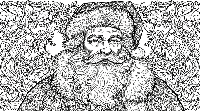 An elaborate Santa Claus portrait coloring page featuring intricate baroque-style details and ornate floral border decorations.