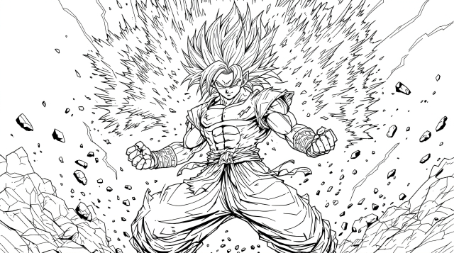 Une page de coloriage complexe Super Saiyan 3 présentant un guerrier puissant avec des cheveux dramatiques vers le haut et une aura d'énergie explosive.