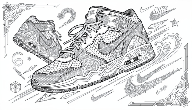 Una pagina da colorare dettagliata di sneaker Nike in bianco e nero con scarpe sportive alte elaborate e disegni geometrici con pattern mandala.