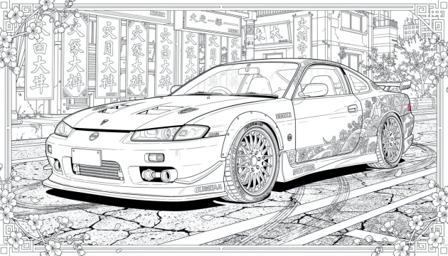 A detailed Nissan Silvia coloring page featuring intricate Japanese street racing culture elements and traditional architectural backdrop.