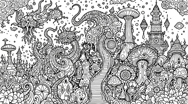 精巧なクリーチャーとメカニカル要素が魅力のファンタジーモンスターワールド塗り絵