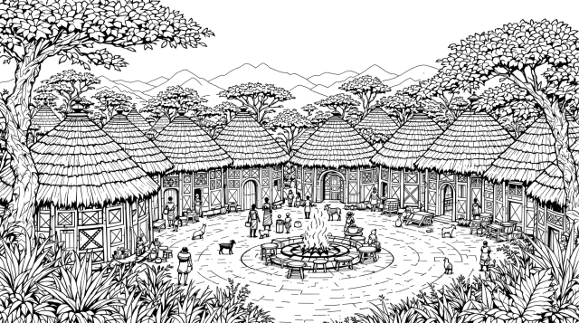 En intrikat traditionel afrikansk landsby farvelægningsside med detaljerede stråtagshytter og arkitektoniske elementer.