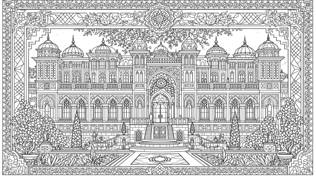 Taidokas ottomaaninen miniatyyrpalatsi värityskuva, jossa on monimutkaisia arkkitehtonisia yksityiskohtia ja koristeellisia kuvioita.