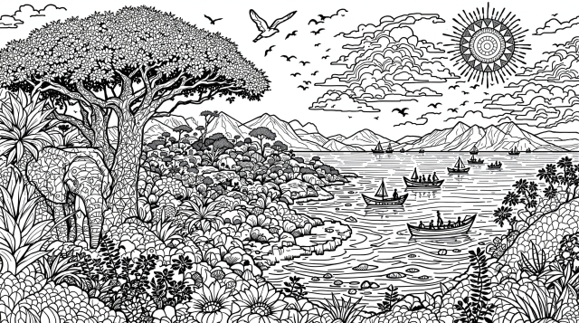 En indviklet afrikansk kystlandskab farveside med akacietræer og sejlbåde mellem hav og land.