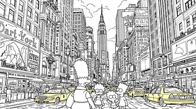 Simpson-familien udforsker Times Square i en detaljeret New York City farvelægningsside med ikoniske vartegn og bysceneri.
