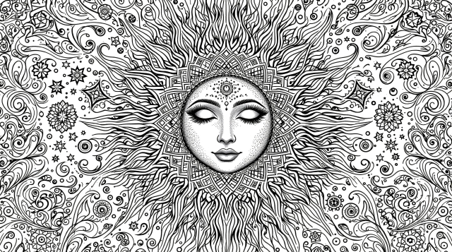 精緻な天体デザインの太陽と人面が融合した大人の塗り絵 - 宇宙的な装飾パターン