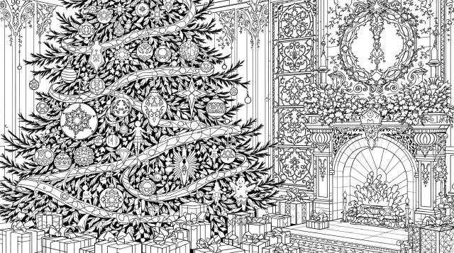 An intricate Christmas tree coloring page featuring elaborate Victorian decorations and ornate room interior details.