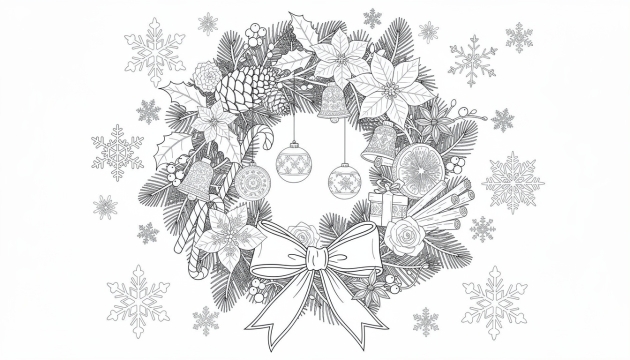 Una página para colorear de corona navideña intrincada presenta elementos botánicos detallados con un cardenal decorativo y ornamentos festivos elaborados.