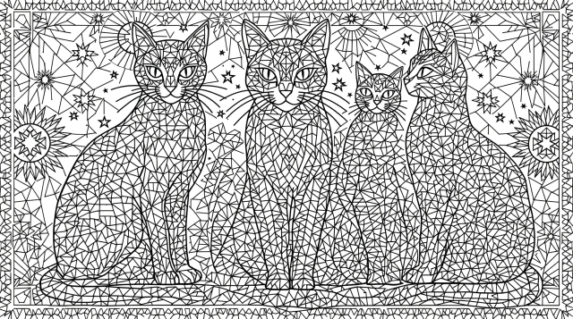 Farvelægningsside med fire geometriske katte med indviklede himmelske mønstre og matematiske designs.
