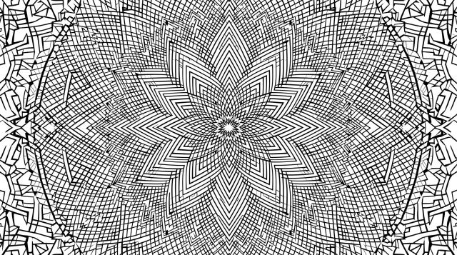 En invecklad geometrisk mandala-färgläggningssida med en utarbetad 8-uddad stjärndesign med korsschraffering-mönster och kantiga hörnmotiv.