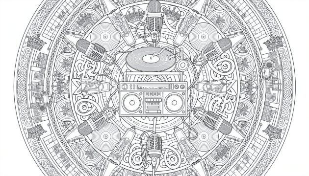 Uma página de colorir mandala hip hop intricada combina cultura urbana de rua com geometria sagrada em um design circular simétrico.