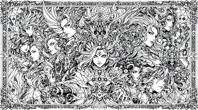 En intrikat manga-karaktärer färgläggningssida med sex detaljerade kvinnliga anime-figurer i dynamiska poser med utarbetade kostymer och dekorativa element.