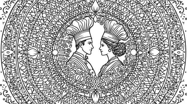 En intrikat mandala farvelægningsside med to figurer i traditionelt tøj omgivet af geometriske mønstre.