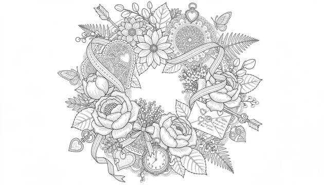 Una pagina da colorare con ghirlanda di San Valentino con rose dettagliate, cuori, nastri e un'ancora nautica decorativa in disegno al tratto bianco e nero.