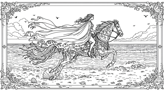 En elegant kvinna i svajande kappa rider på strand med utsmyckade dekorativa mönster och barock ram.