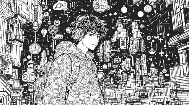 A detailed teenage boy coloring page featuring urban cityscape with headphones and tech elements.
