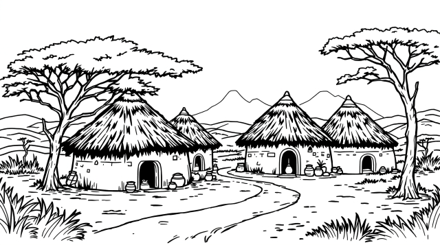 アフリカの伝統的な村の塗り絵 - 茅葺き屋根の円形住居とアカシアの木